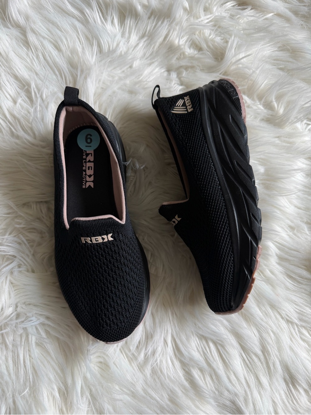 RBX Women's Black Slip-On Walking Shoes with Pink Trim